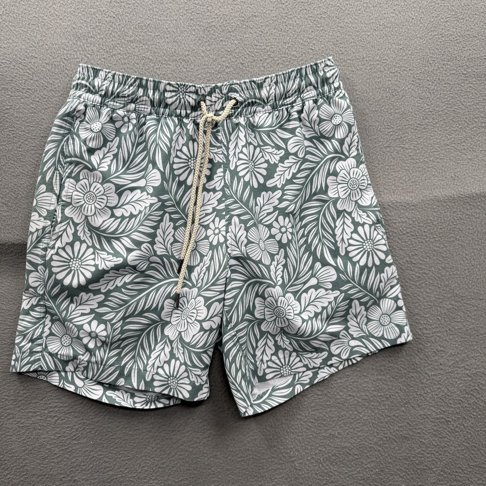 Fair Harbor Swim Shorts Mens Medium Green Floral Trunks Lined Stretch Quick Dry